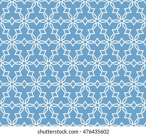 Seamless line pattern in arabian style. Contemporary graphic design. Endless hexagon texture for wallpaper pattern fills, web page background. Monochrome blue geometric ornament. Tribal ethnic pattern