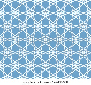Seamless line pattern in arabian style. Contemporary graphic design. Endless hexagon texture for wallpaper pattern fills, web page background. Monochrome blue geometric ornament. Tribal ethnic pattern