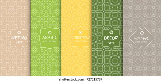 Seamless line pattern background. Stylish decorative vintage, retro, arabic, christmas label decor set. Abstract geometric frame, vector illustration. Art Deco style, light colors