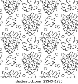 Seamless line pattern with bunches of grapes. Contour vector illustration with fruit. Black and white background with berries of grapes and leaves.