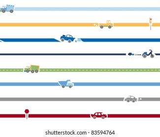 Seamless line pattern with cars, motorcycles, trucks, and scooters.