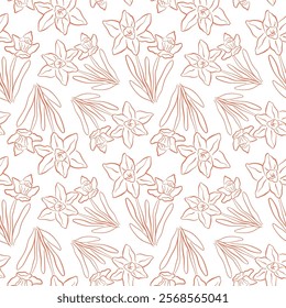 Seamless line pattern with daffodil flowers and leaves in a line art style. Perfect for spring themed design, textile, wallpaper and background.