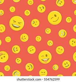 Seamless line pattern with emoticons on red background. Yellow emoji vector background. Smiles face texture template. Modern smileys for textiles, interior design, for book design, website Background.