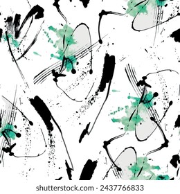 Seamless line pattern with green and black isolated abstract brush-drawn background elements