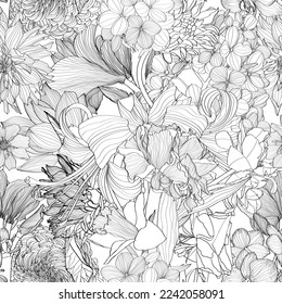 Seamless line pattern of hydrangea, lotus, dahlia, roses flowers for fabric design. Luxurious line art of spring flowers. 