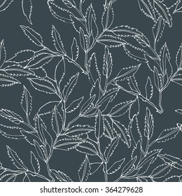 Seamless line pattern with isolated leaves and tree . Hand drawn illustration for postcard, textile, design on dark background..