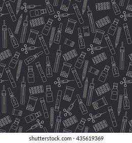 Seamless line pattern with medical and pharmaceutical equipment icons. Vector illustration and elements. Medical collection. Graphic texture for design , wallpaper. Monochrome pharmaceutical pattern.