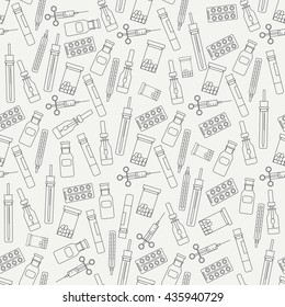 Seamless line pattern with medical and pharmaceutical equipment icons. Vector illustration and elements. Medical collection. Graphic texture for design , wallpaper. Monochrome pharmaceutical pattern.