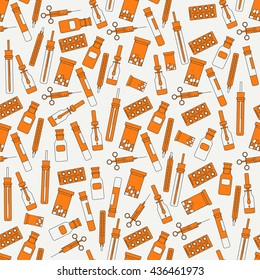 Seamless line pattern with medical and pharmaceutical equipment icons. Vector illustration. Elements for design. Medical collection. Graphic texture for design , wallpaper. Pharmaceutical pattern.