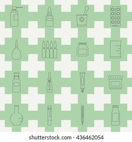 Seamless line pattern with medical and pharmaceutical equipment icons. Vector illustration. Elements for design. Medical collection. Graphic texture for design , wallpaper. Pharmaceutical pattern.