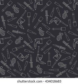 Seamless line pattern with military equipment icons. Vector illustration. Elements for design. Ww2 army weapons collection. Graphic texture for design , wallpaper. Monochrome war pattern. Background. 