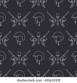 Seamless line pattern with military equipment icons. Vector illustration. Elements for design. Ww2 army weapons collection. Graphic texture for design , wallpaper. Monochrome war pattern.