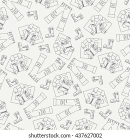 Seamless line pattern with monochrome vector icon wear - jackets, jeans, boots. Vector illustration. Elements for design. Wear collection. Graphic texture for design , wallpaper. Rock style pattern.