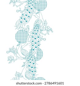 Seamless line pattern with peacocks forest. Tropical exotic birds. Wild fauna of jungle.