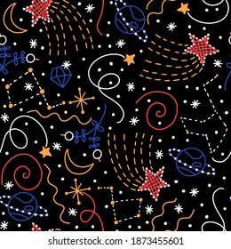 Seamless line pattern with space elements such as planets, comets, asteroids, stars