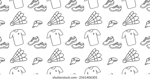 Seamless line pattern with sports elements. Badminton, suit, cap, sneakers, shuttlecock, T-shirt. Doodle, coloring. . Wallpaper, textile, print, background isolated on a white background.