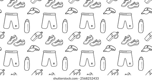 Seamless line pattern with sports elements. Cap, pants, sneakers, whistle, shaker bottle. Wallpaper, textile, print, background isolated on a white background. Hand drawn vector illustration.