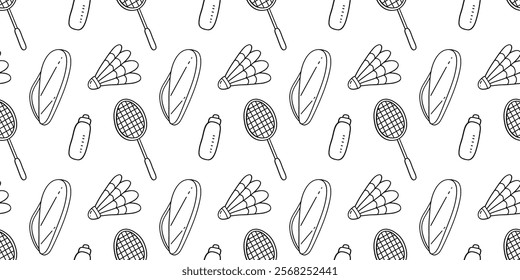 Seamless line pattern with sports elements. Badminton racket, shuttlecock, case, bag, shaker bottle. Wallpaper, textile, print, background isolated on a white background. doodle, coloring