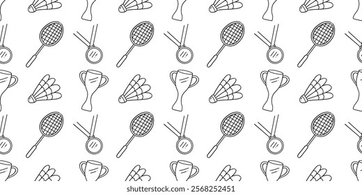 Seamless line pattern with sports elements. Badminton racket, shuttlecock, winner cup and medal on ribbon. Wallpaper, textile, print, background isolated on a white background. doodle, coloring