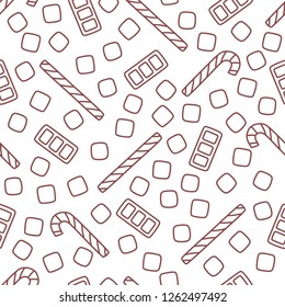 Seamless line pattern of sweets on white background cartoon. Ingredients for the Marshmallow, lollipops and chocolate isolated. Vector illustration. Print for textile, wrapping paper and site, vector