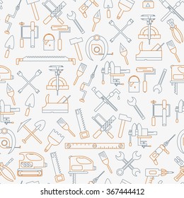 Seamless line pattern with working tools for construction, building and home repair icons. Vector illustration. Elements for design. Hand work tools collection. Graphic texture for design, wallpaper.