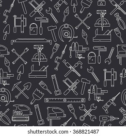 Seamless line pattern with working tools for construction, building and home repair icons. Vector illustration. Elements for design. Hand work tools collection. Graphic texture for design, wallpaper.