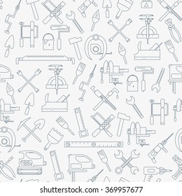 Seamless Line Pattern With Working Tools For Construction, Building And Home Repair Icons. Vector Illustration. Elements For Design. Hand Work Tools Collection. Graphic Texture For Design, Wallpaper.