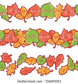 Seamless line patterns with cute autumn leaves