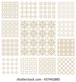 Seamless line patterns set. Contemporary graphic design. Arabic, indian, turkish ornaments, tribal ethnic backgrounds with endless texture. Geometric golden outline seamless patterns collection