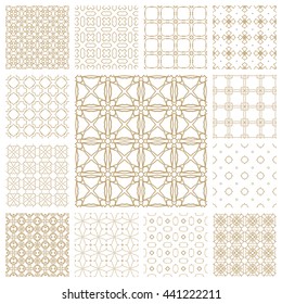 Seamless line patterns set. Contemporary graphic design. Arabic, indian, turkish ornaments, tribal ethnic backgrounds with endless texture. Geometric golden outline seamless patterns collection