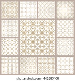 Seamless line patterns set. Contemporary graphic design. Arabic, indian, turkish ornaments, tribal ethnic backgrounds with endless texture. Geometric golden outline seamless patterns collection