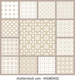 Seamless line patterns set. Contemporary graphic design. Arabic, indian, turkish ornaments, tribal ethnic backgrounds with endless texture. Geometric golden outline seamless patterns collection