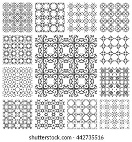 Seamless line patterns set. Contemporary graphic design. Arabic, indian, turkish ornaments, tribal ethnic backgrounds with endless texture. Geometric black outline seamless patterns collection