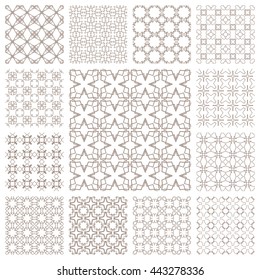 Seamless line patterns set. Contemporary graphic design. Arabic, indian, turkish ornaments, tribal ethnic backgrounds with endless texture. Geometric outline seamless patterns collection