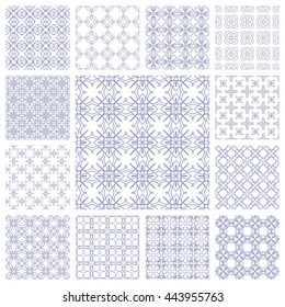 Seamless line patterns set. Contemporary graphic design. Arabic, indian, turkish ornaments, tribal ethnic backgrounds with endless texture. Geometric outline seamless patterns collection