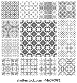 Seamless line patterns set. Contemporary graphic design. Arabic, indian, turkish ornaments, tribal ethnic backgrounds with endless texture. Geometric black outline seamless patterns collection