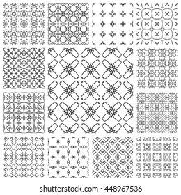 Seamless line patterns set. Contemporary graphic design. Arabic, indian, turkish ornaments, tribal ethnic backgrounds with endless texture. Geometric black outline seamless patterns collection