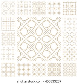 Seamless line patterns set. Contemporary graphic design. Arabic, indian, turkish ornaments, tribal ethnic backgrounds with endless texture. Geometric golden outline seamless patterns collection