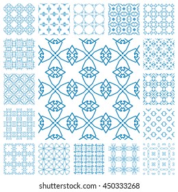 Seamless line patterns set. Contemporary graphic design. Arabic, indian, turkish ornaments, tribal ethnic backgrounds with endless texture. Geometric blue outline seamless patterns collection