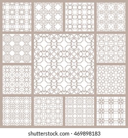 Seamless line patterns set. Contemporary graphic design. Arabic, indian, turkish ornaments, tribal ethnic backgrounds with endless texture. Geometric monochrome outline seamless patterns collection