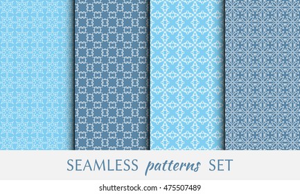 Seamless line patterns set. Contemporary graphic design. Endless texture for wallpaper, pattern fills, web page background. Monochrome blue geometric ornaments.