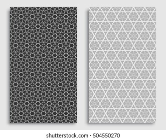 Seamless line patterns set, repeating lace texture. Seamless geometric backgrounds collection. Tribal ethnic ornament. Monochrome hexagonal linear pattern