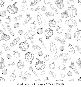 Seamless line style hand drawn pattern with collection of different vegetables and fruits. Seamless repeat surface vector pattern
