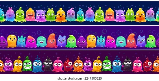 Seamless line of super cute slime monsters. Funny cartoon rainbow slimy characters. Comic multicolor little jelly creatures. Colorful horizontal banners set.