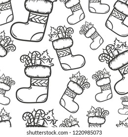 seamless line vector pattern with christmas sock 