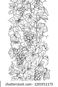 Seamless line vertical pattern made with monochrome grape branches with leaves and berries. Hand drawn black and white border with grapes in row. Vector sketch.