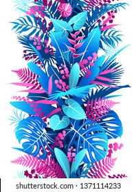 Seamless line vertical pattern with pink and blue tropical plants silhouette. Colorful foliage texture with leaves in row. Vector flat illustration.
