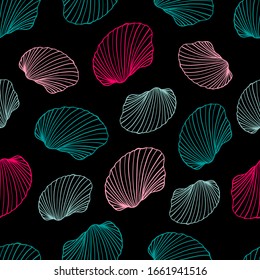 Seamless Linear Blue and Pink Seashell Pattern in Black Background