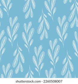 Seamless linear botanical pattern with leaf. Line art. Branches with veined leaves on blue background. Vintage texture with plants
