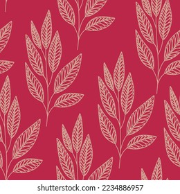 Seamless linear botanical pattern. Vintage texture with outline leaf. Branches with veined leaves on viva magenta background